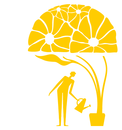 Person watering plants inside of the outline of a head