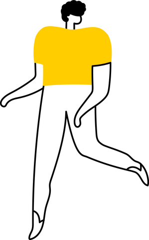 ouline of a person in a yellow shirt walking and looking over shoulder