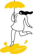 outline of person wearing dress with long hair jumping in yellow puddle, holding yellow umbrella