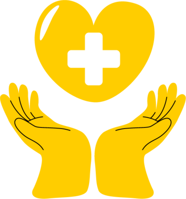 Yellow hands holding up yellow heart with medical cross in center
