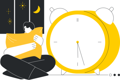 Person holding yellow pillow next to large alarm clock in front of window at night time