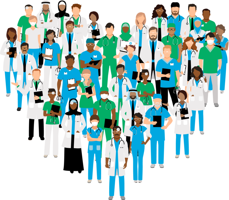 Physicians in uniforms standing in the shape of a heart
